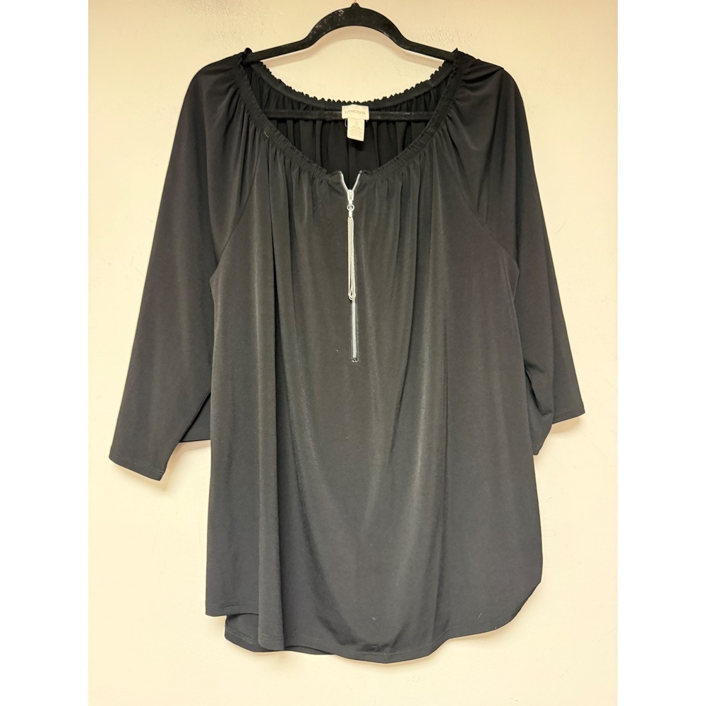 Chico's Blouse Women Size 3 Black Excellent Zip Neck 3/4 Sleeve Gathered Tunic